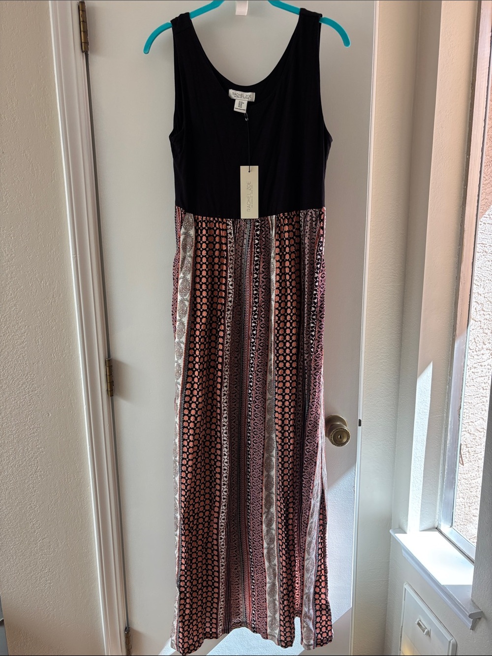 NWT Rachel Zoe Black Bodice Maxi Dress with Pink & Cream Geo Print